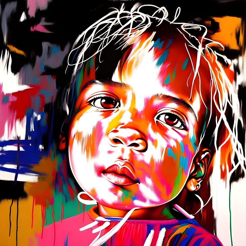 Vivid abstract portrait of a child with captivating eyes and colorful paint streaks