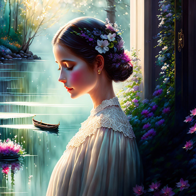 Woman with flowers in hair by door overlooking magical garden with floating boat