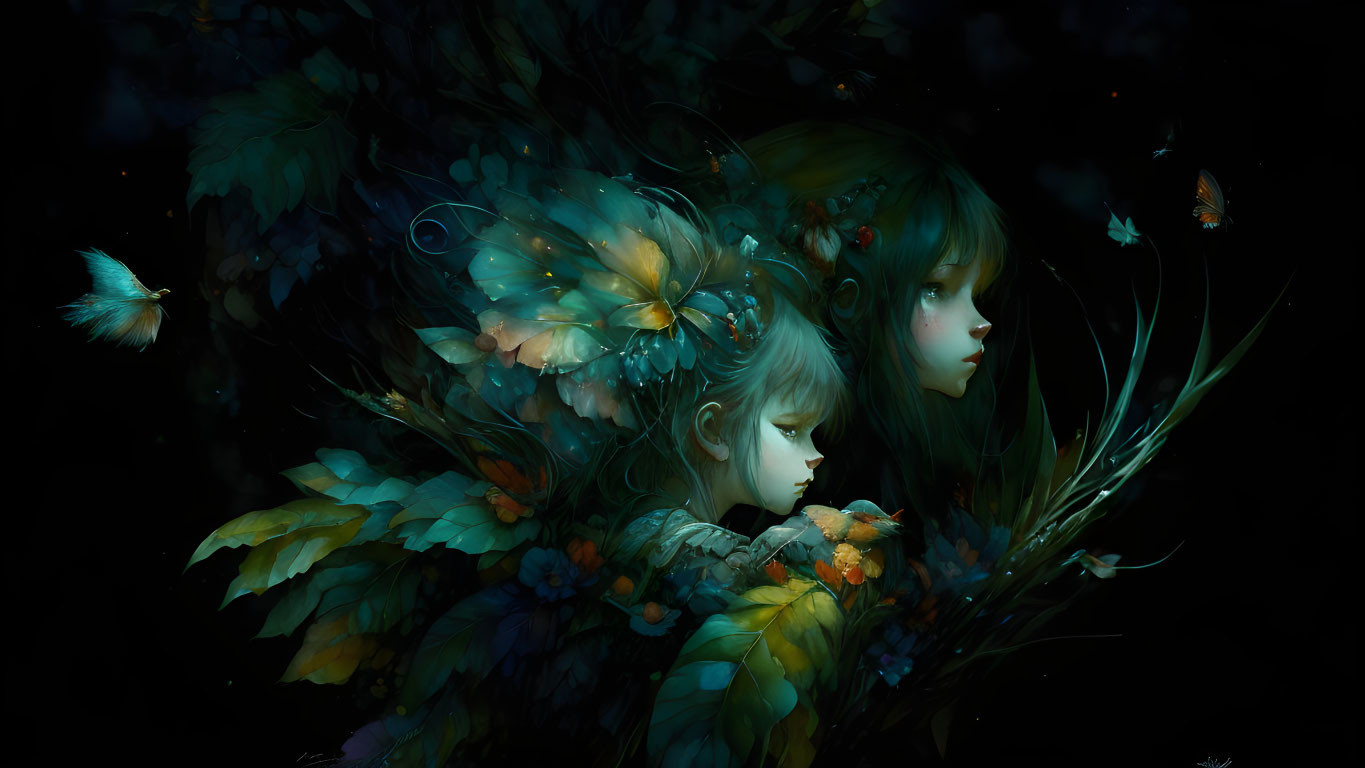 Digital artwork: Two ethereal figures with leaf and butterfly wings in dark setting