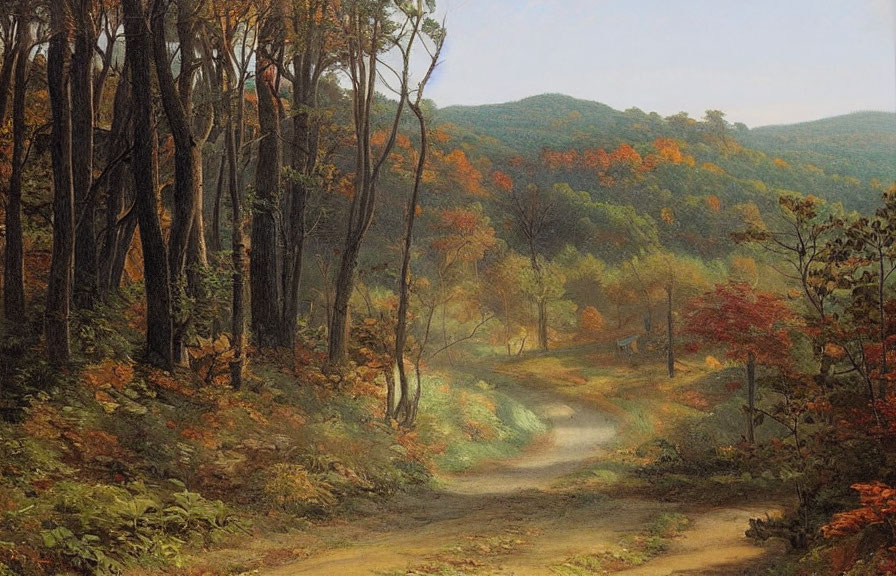 Tranquil autumn forest scene with winding path and misty hills