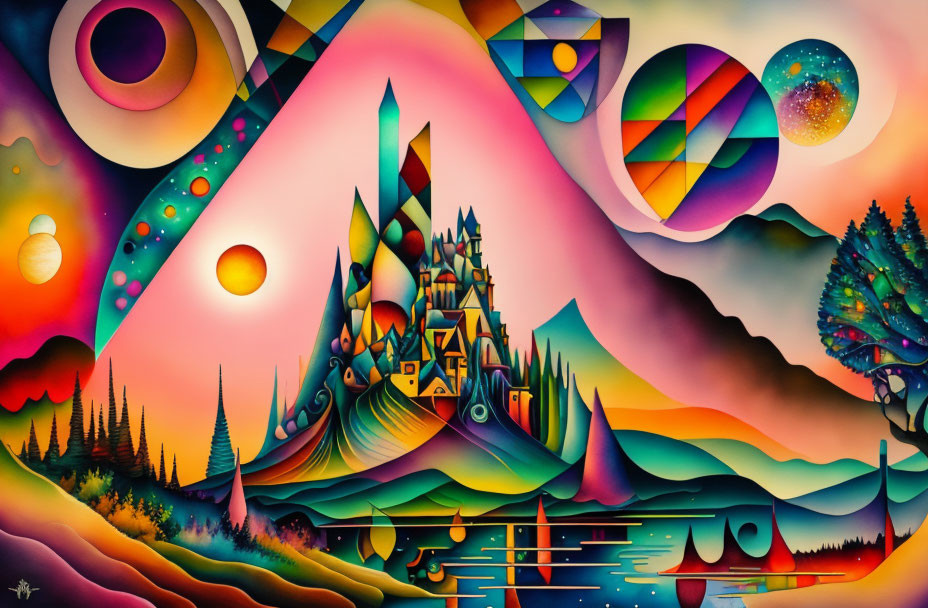 Colorful Abstract Landscape Painting with Geometric Shapes & Cosmic Sky