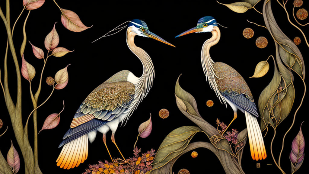 Stylized herons with intricate botanical elements on black background