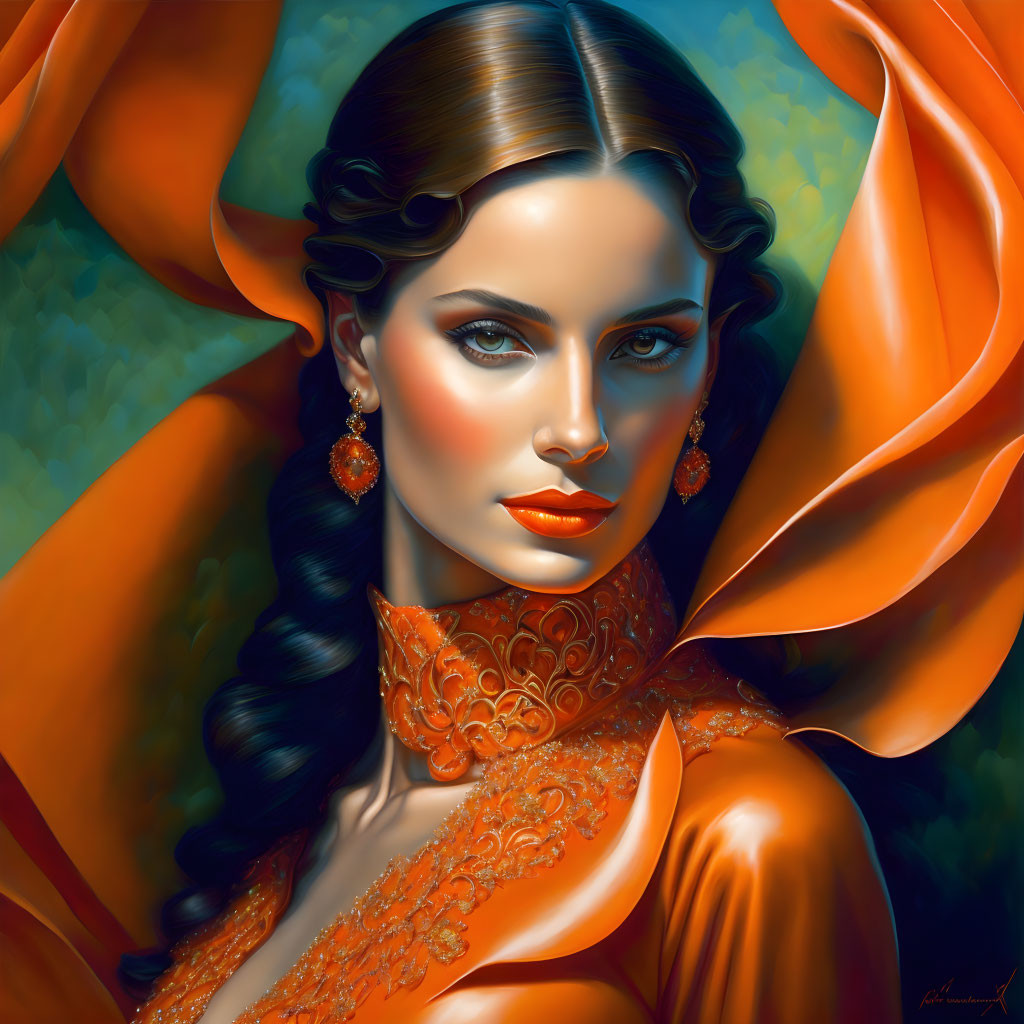 Dark-haired woman in ornate orange outfit with intricate embroidery