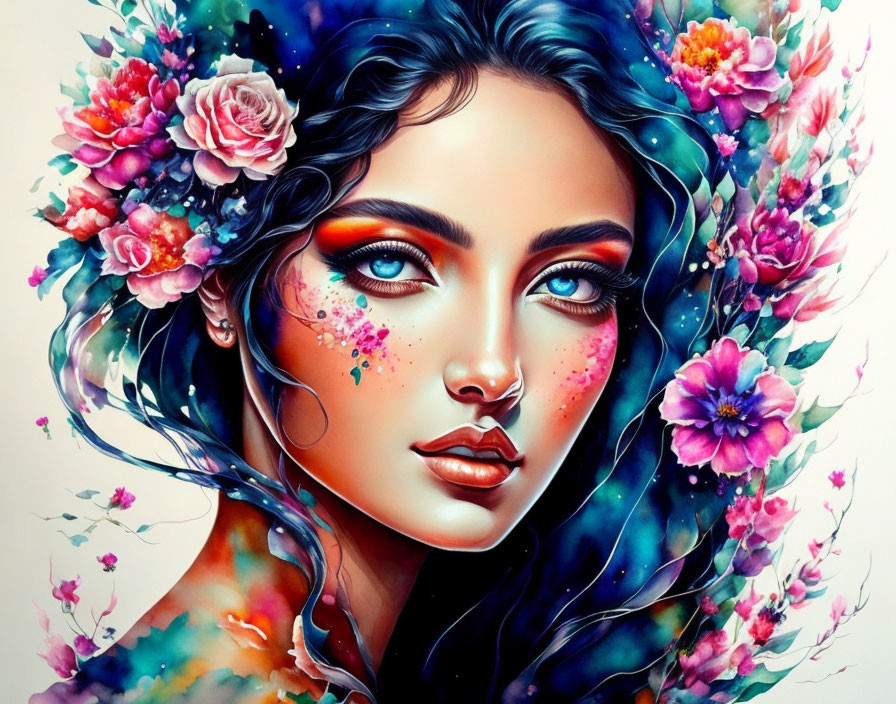 Colorful Woman Portrait with Floral Hair Illustration