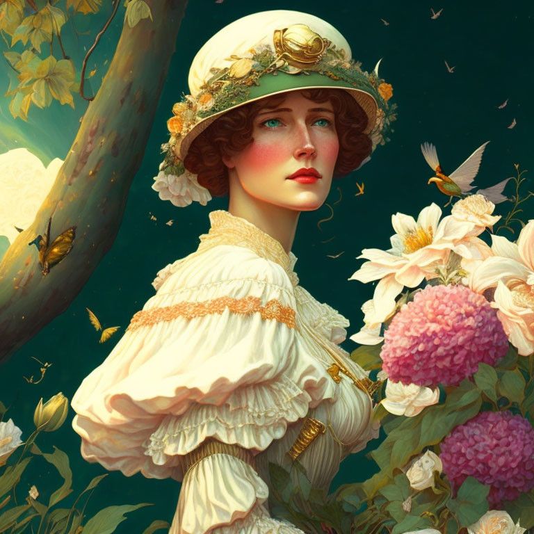 Digital artwork: Woman in vintage white hat and dress with flowers and hummingbird in dreamy setting