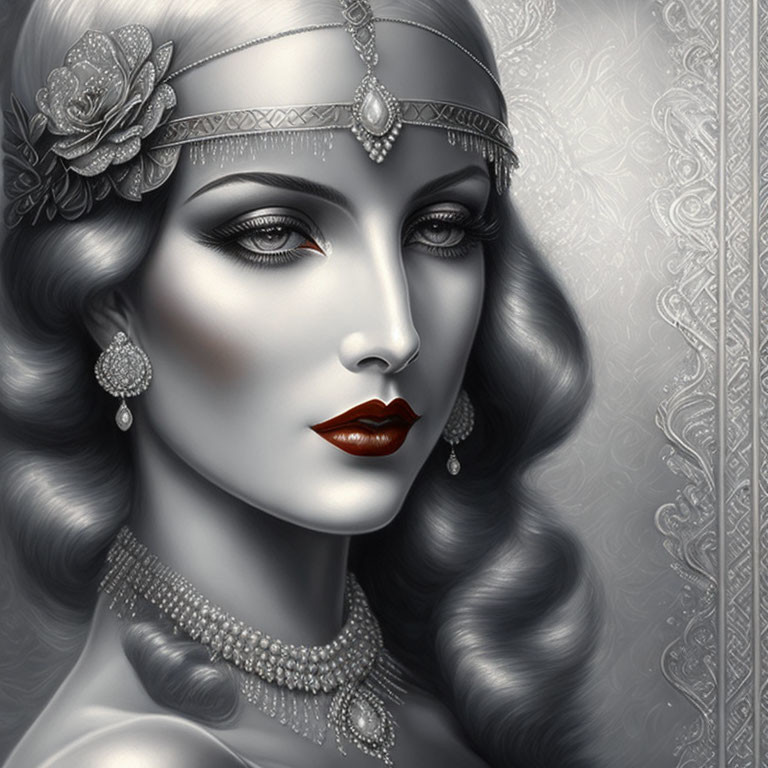 Monochromatic image of woman with vintage makeup, wavy hair, headpiece, and elegant jewelry