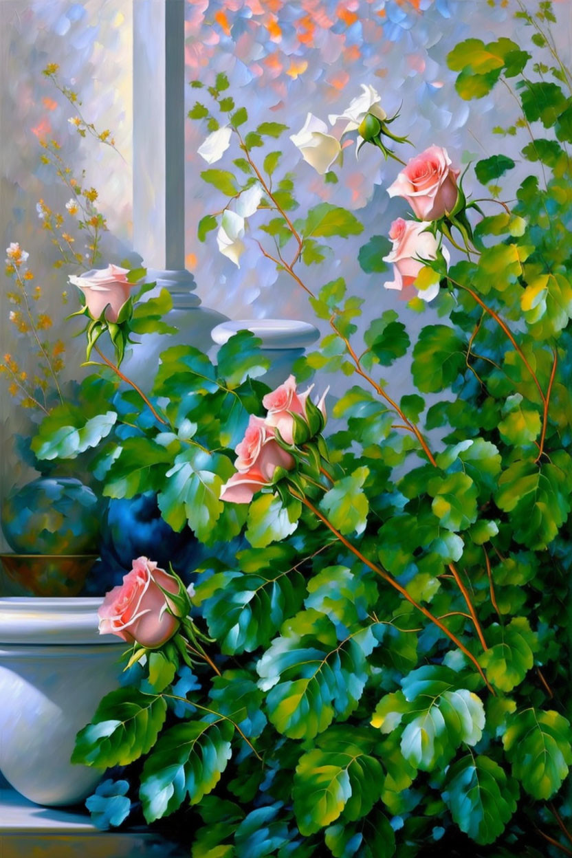 Soft Pink Roses Climbing White Column in Impressionistic Garden