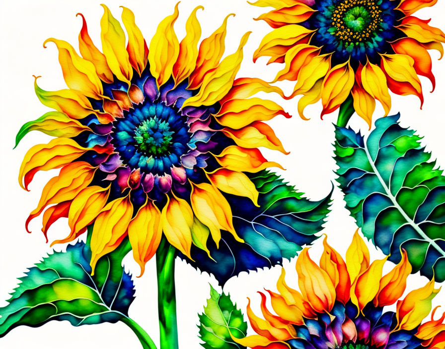 Colorful Sunflower Painting with Yellow Petals and Multicolored Leaves