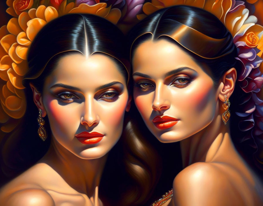 Symmetrical women against vibrant floral backdrop