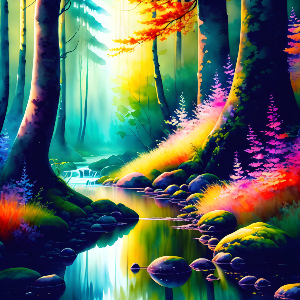 Colorful Forest and Stream with Blue, Purple, Orange, and Yellow Hues