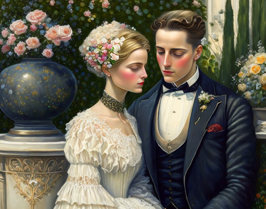 Victorian-era couple in wedding attire with floral backdrop