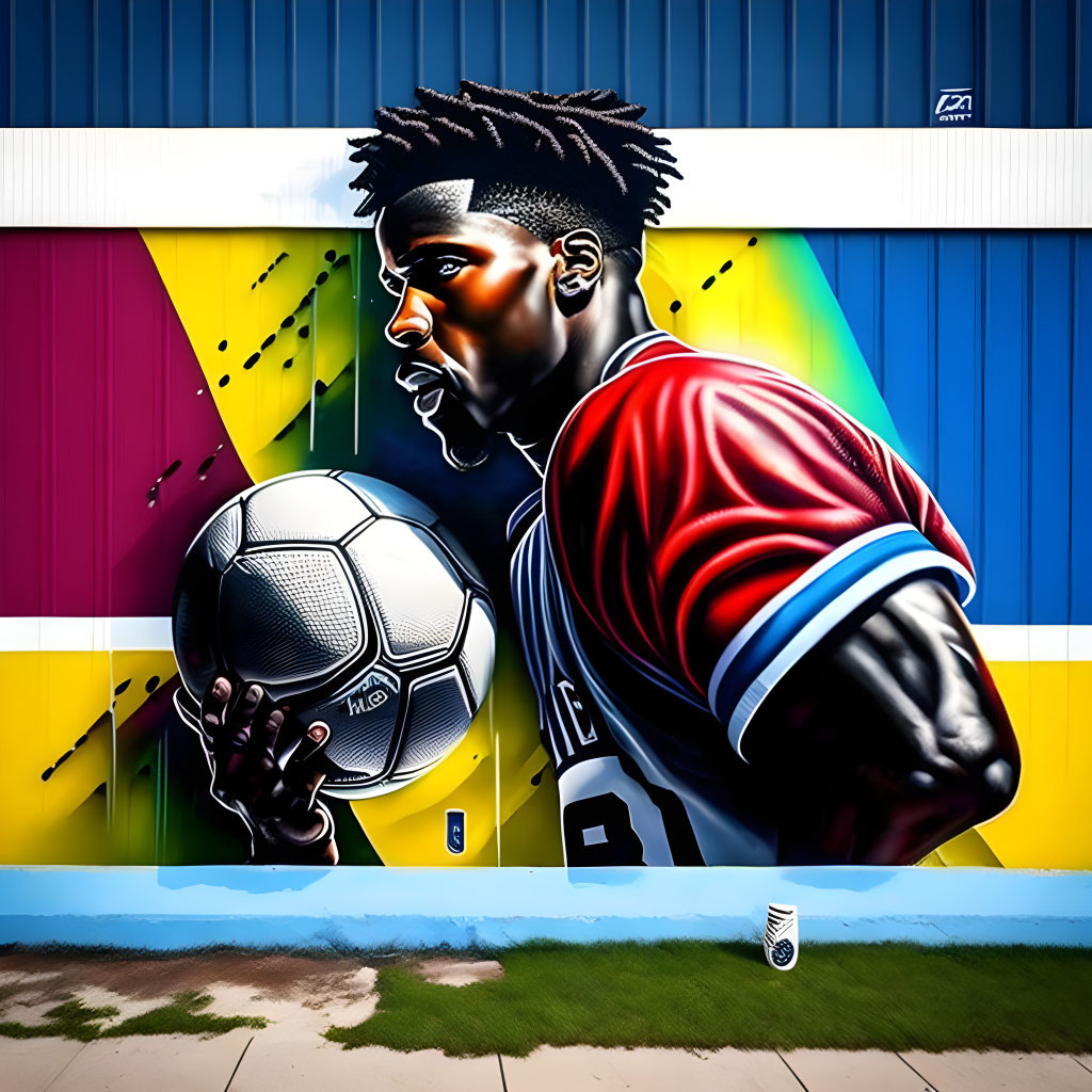 Colorful street art mural depicting soccer player in red jersey against striped background.