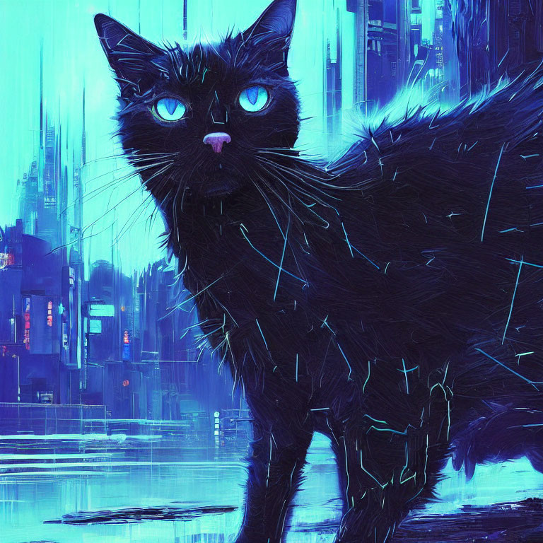 Digital Artwork: Black Cat with Blue Eyes in Neon Futuristic Cityscape