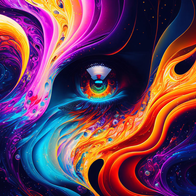 Colorful digital artwork: Eye in cosmic swirls