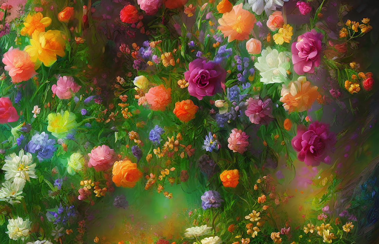 Colorful Painting of Blooming Flowers in Lush Garden