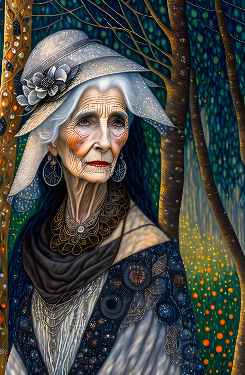 Elderly woman with white hair and hat in nature scene with shawl and jewelry