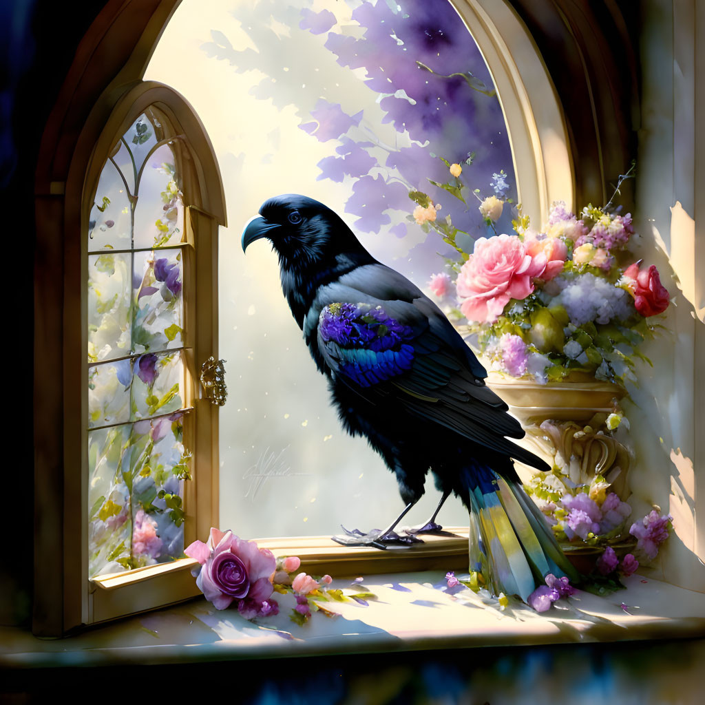 Iridescent raven on window ledge with blooming flowers