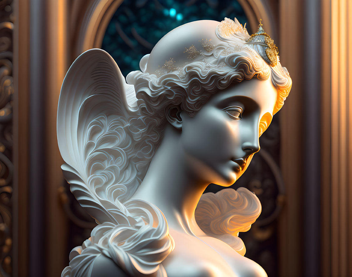 Classical sculpture of woman with winged details and filigree accents against intricate architecture.