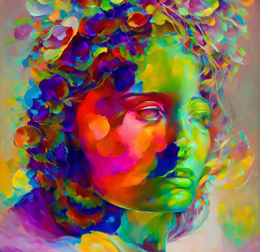 Colorful Portrait of Person with Floral Headpiece in Abstract Style