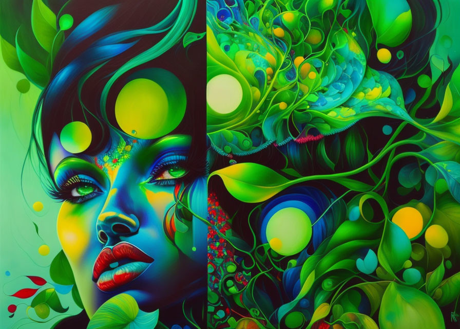 Colorful woman's face merges with abstract botanical elements in vibrant artwork