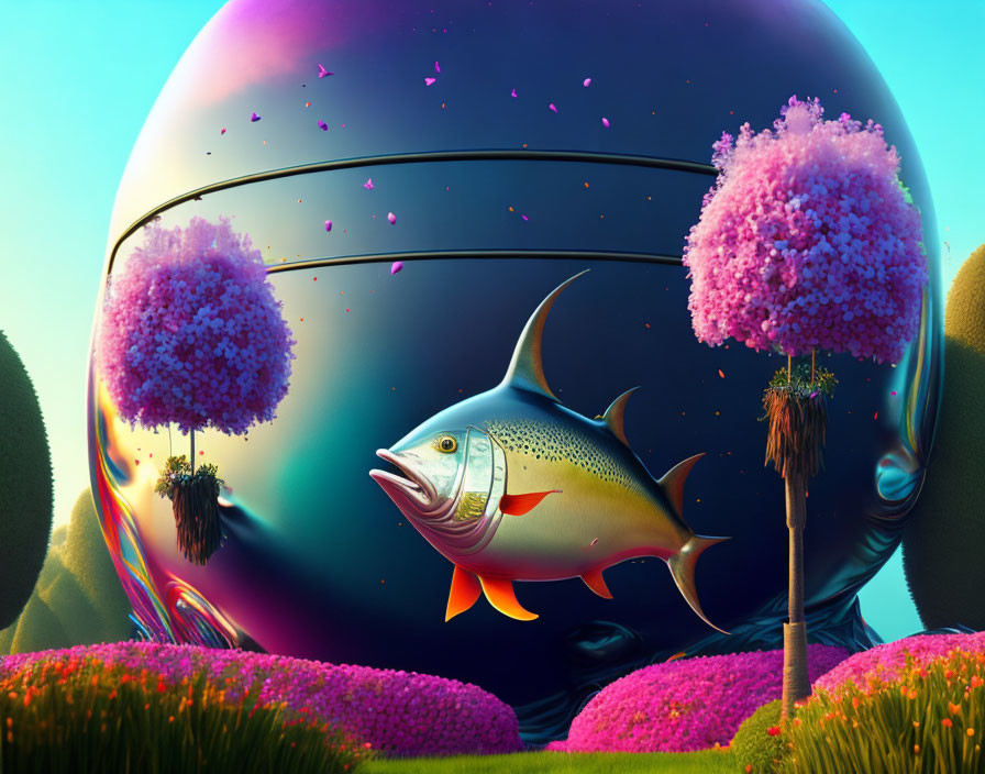 Vibrant surreal landscape with reflective orb, flora, fish, and floating islands.