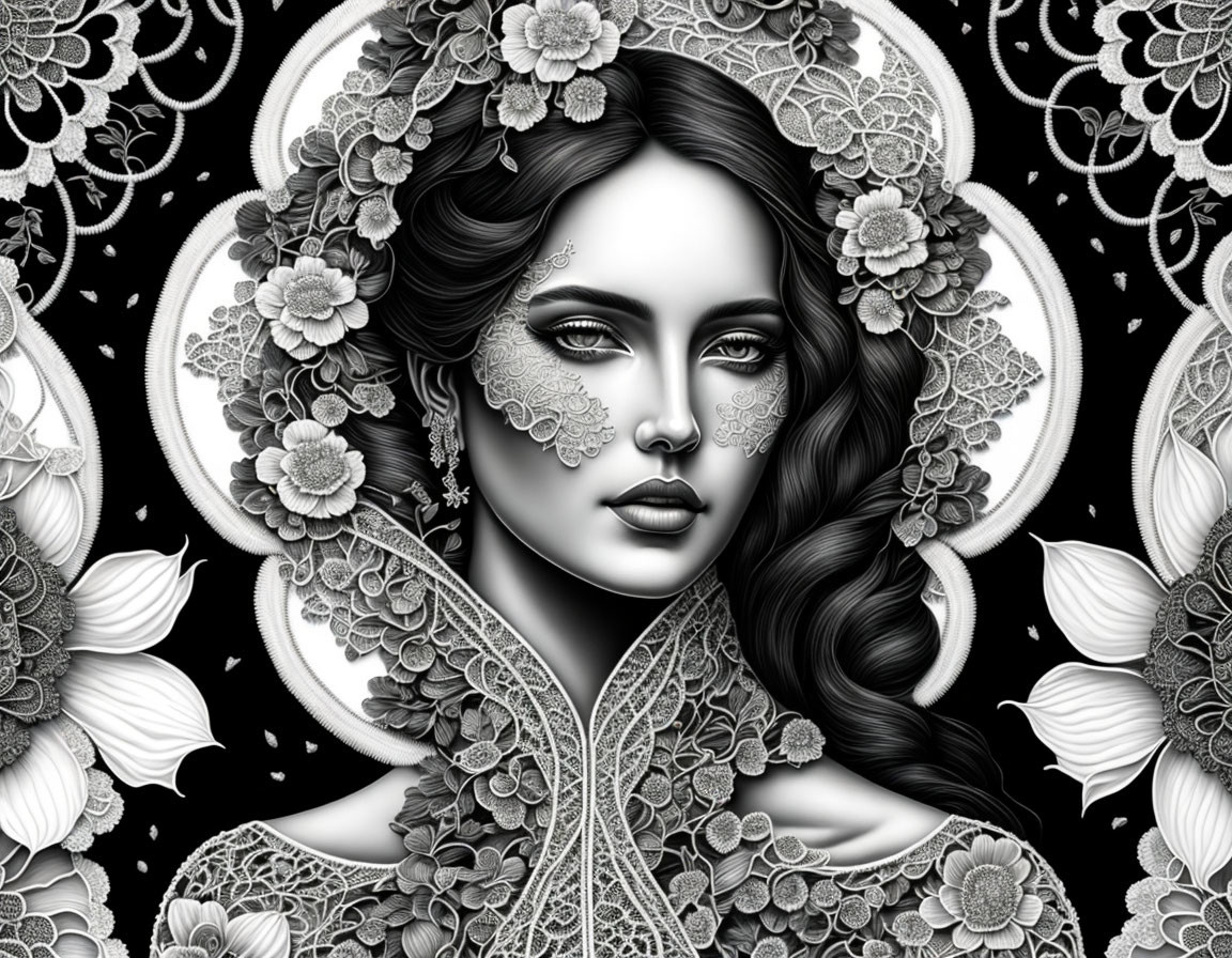 Monochromatic image of a woman with lace and floral patterns