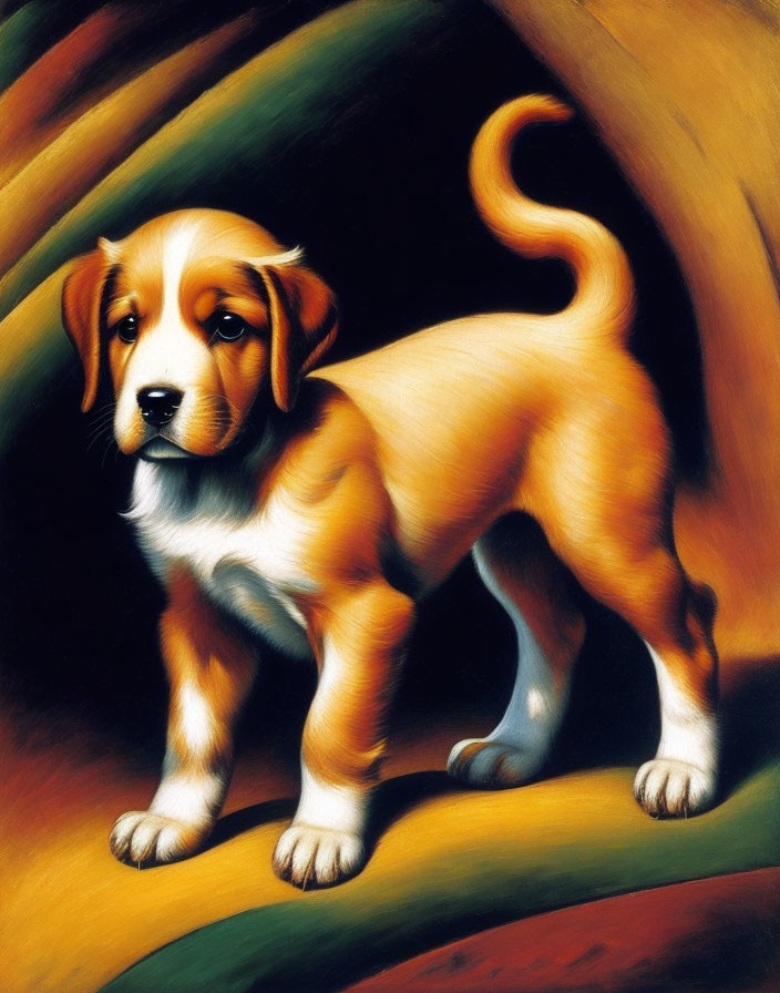 Tan and White Puppy Painting Against Abstract Swirled Background