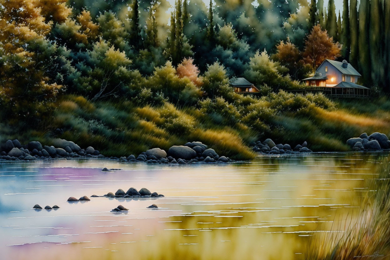 Serene lakeside dusk scene with cottage, autumn trees, and water reflection