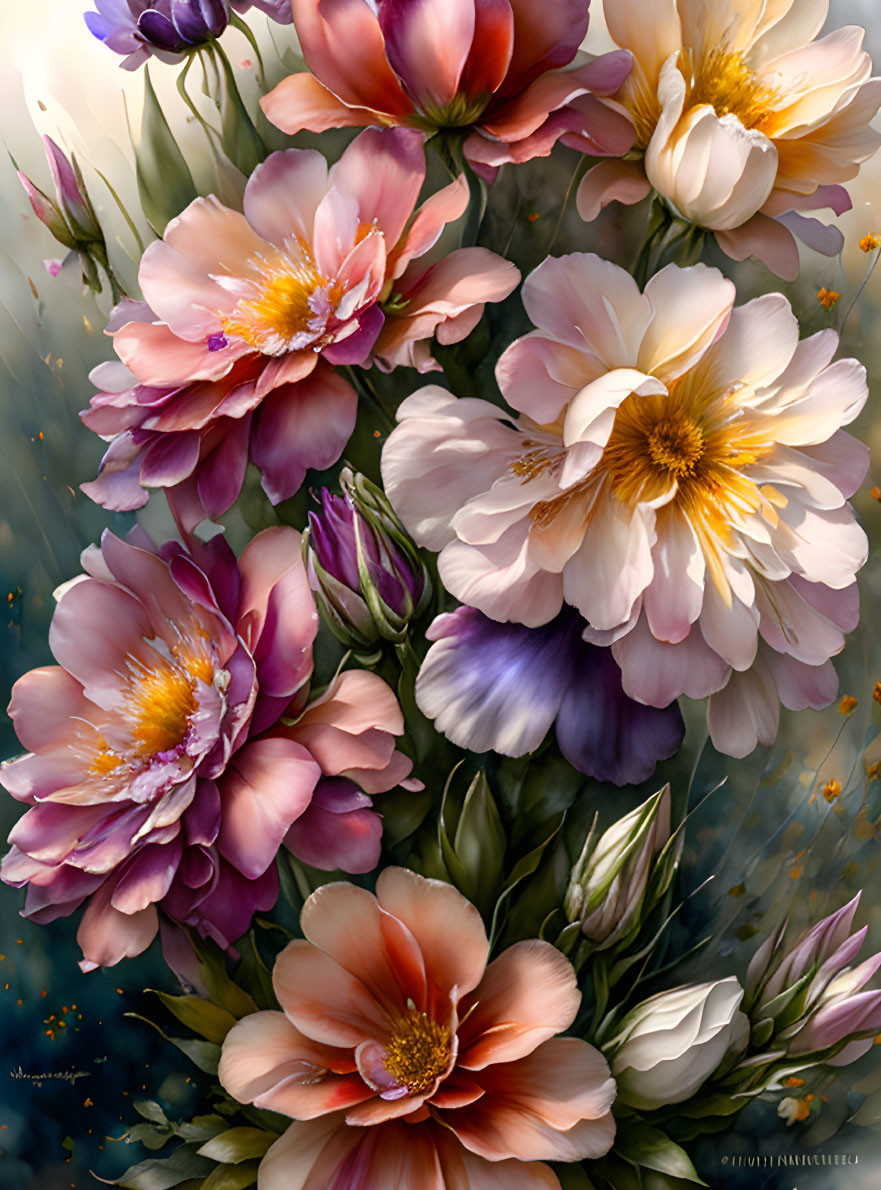 Colorful Digital Painting of Pink, White, and Purple Flowers with Dewdrops