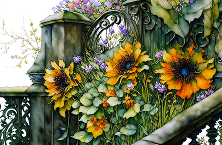 Vibrant sunflowers and purple flowers by vintage metal fence and stone stairway