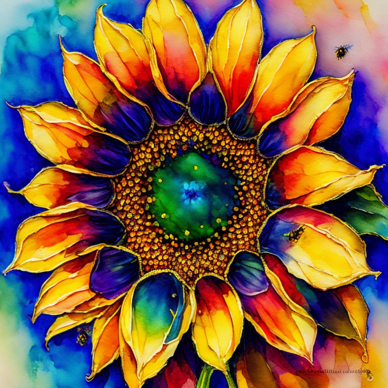 Colorful Sunflower Watercolor Painting with Rich Blues, Yellows, and Reds