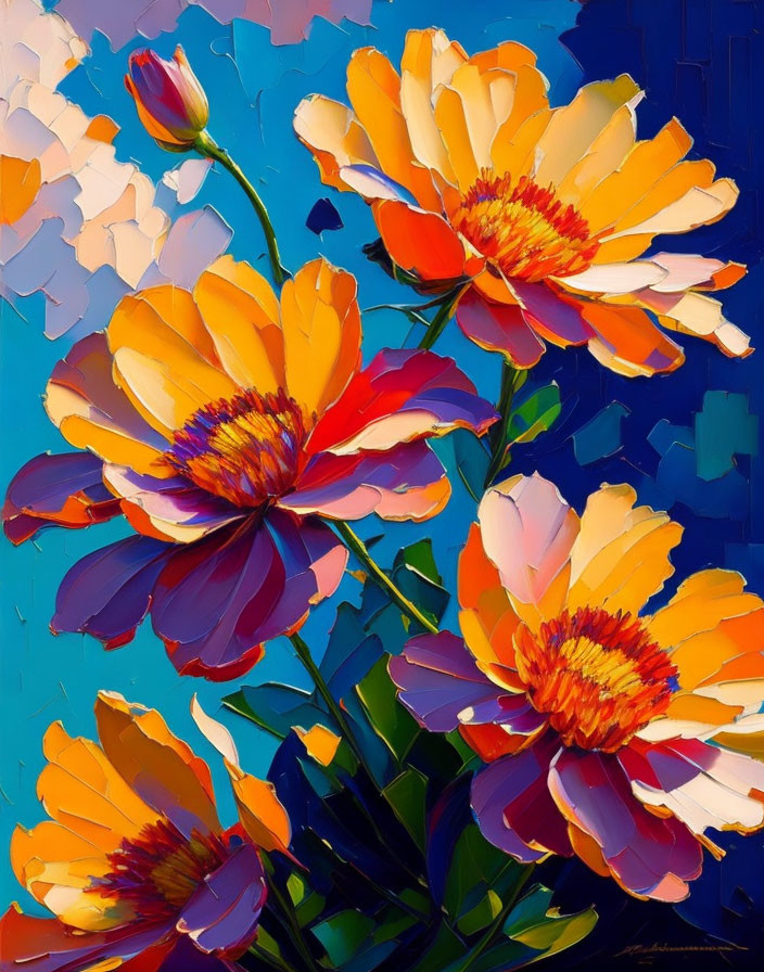 Colorful Floral Painting: Orange and Yellow Flowers on Textured Petals, Blue Background