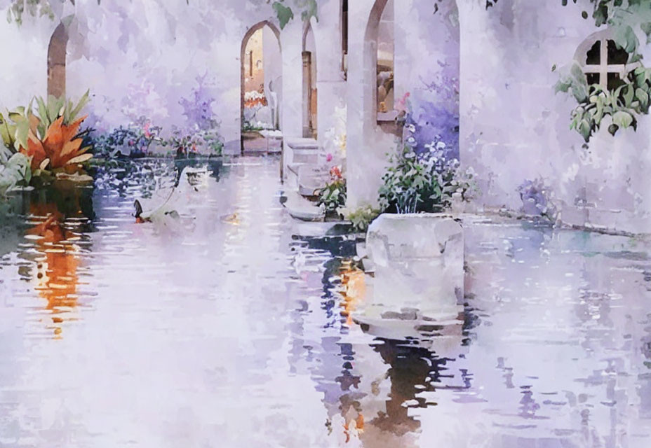 Tranquil courtyard scene with arched walkway and pond.