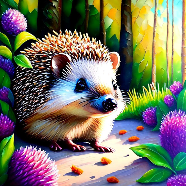 Smiling hedgehog in colorful forest scene