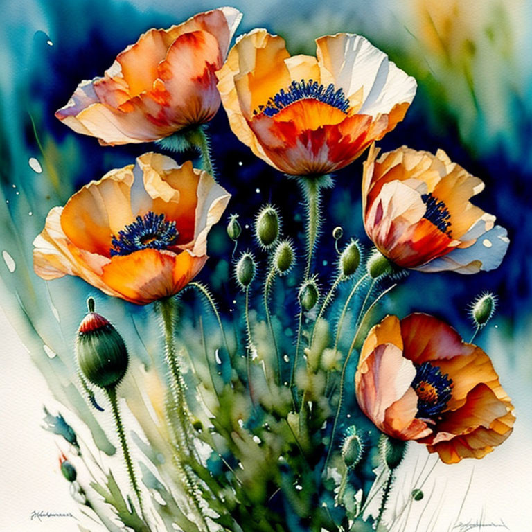 Vibrant Poppy Watercolor Painting with Detailed Petals and Greenery