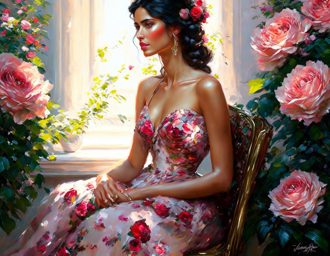 Woman in floral dress sitting by window surrounded by lush roses and sunlight.