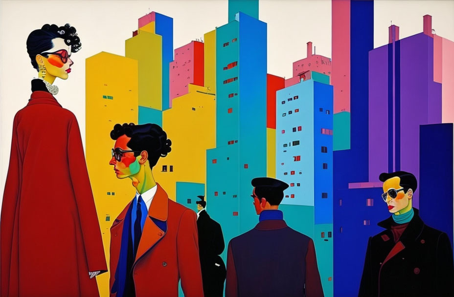 Sharp-dressed figures with sunglasses in urban skyline painting