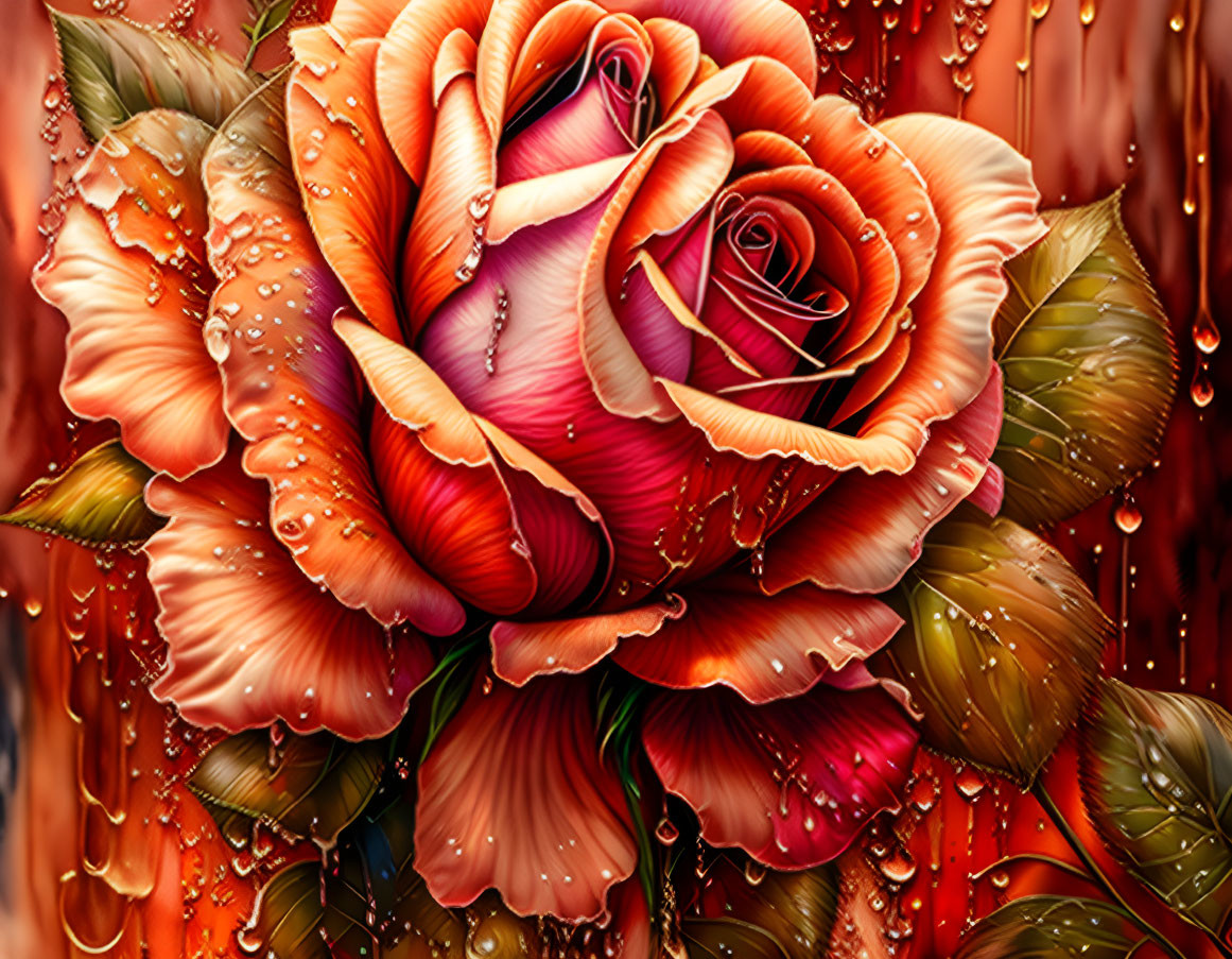 Multicolored rose with dewdrops on textured wood background