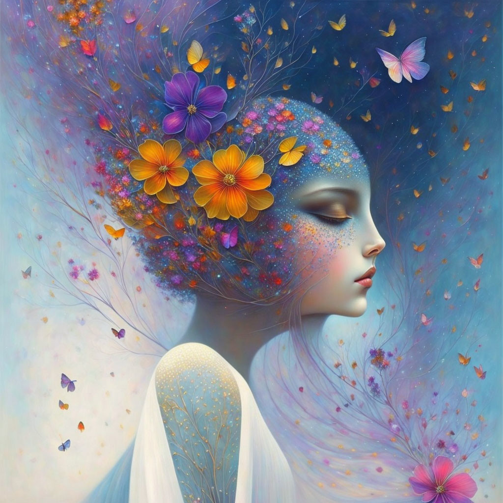 Woman with flowers and butterflies in cosmic setting