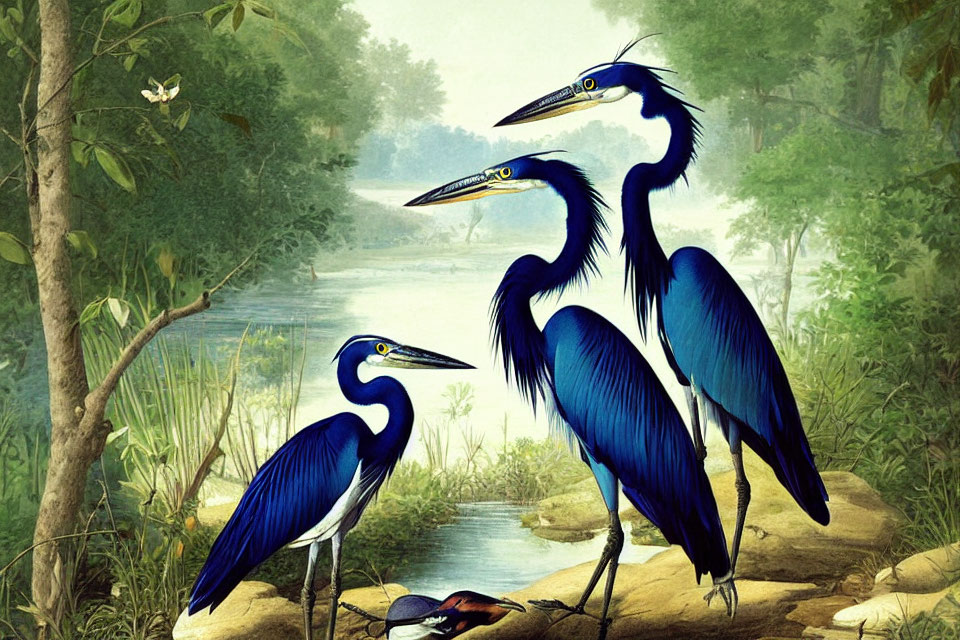 Three Blue Herons and Butterfly in Lush River Setting