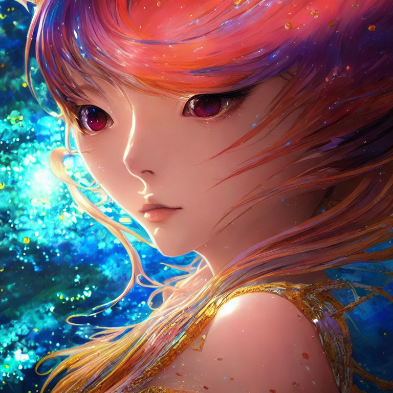 Multicolored hair girl in cosmic backdrop with purple eyes & gold accents