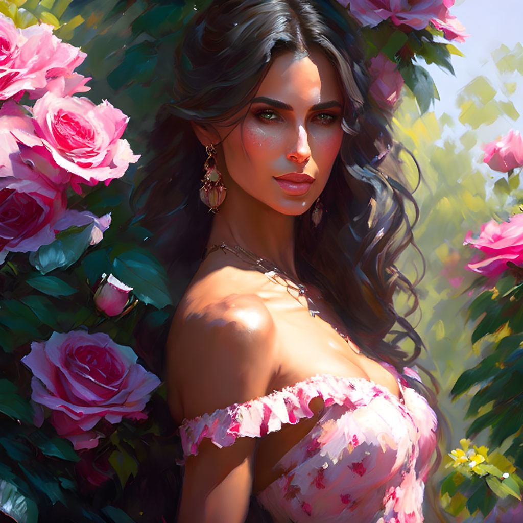 Digital artwork: Woman with dark hair in pink dress among vibrant pink roses in garden.
