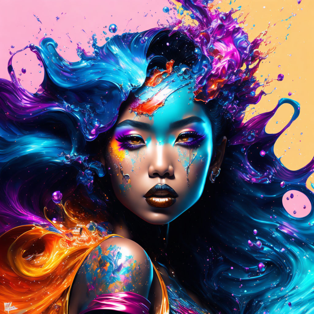 Colorful digital artwork: Woman with multicolored hair and paint splashes on warm backdrop