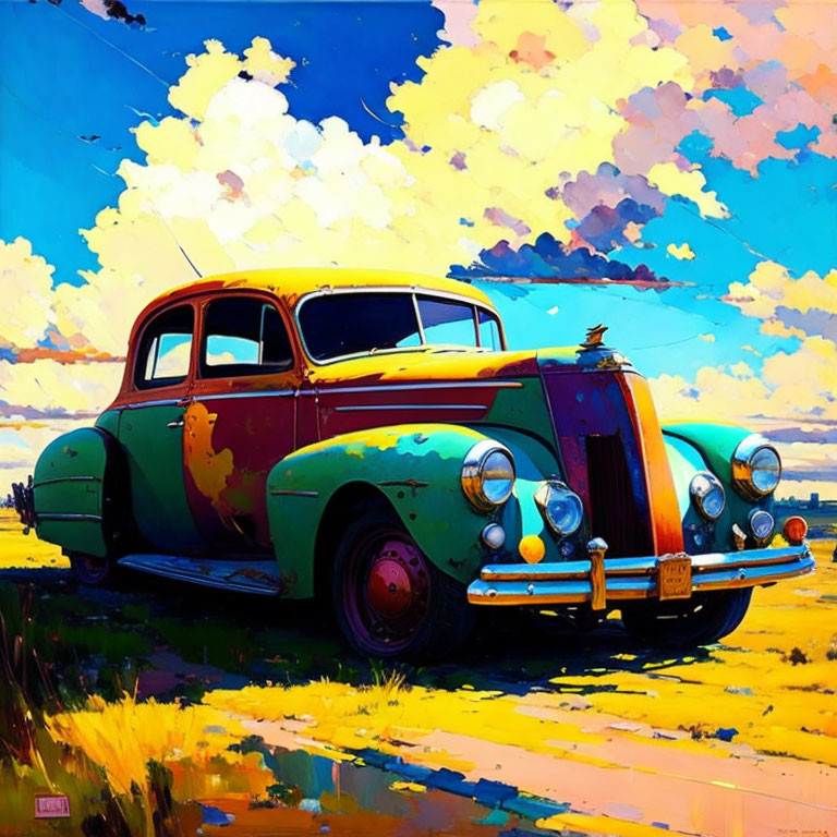 Vintage car with peeling paint under vibrant, cloudy sky