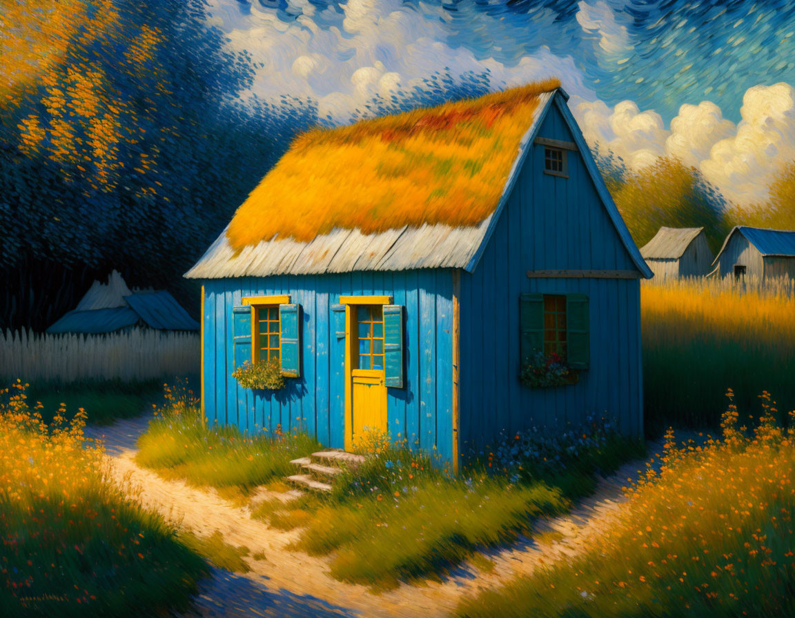 Colorful Impressionistic Painting of Blue Cottage with Yellow Roof