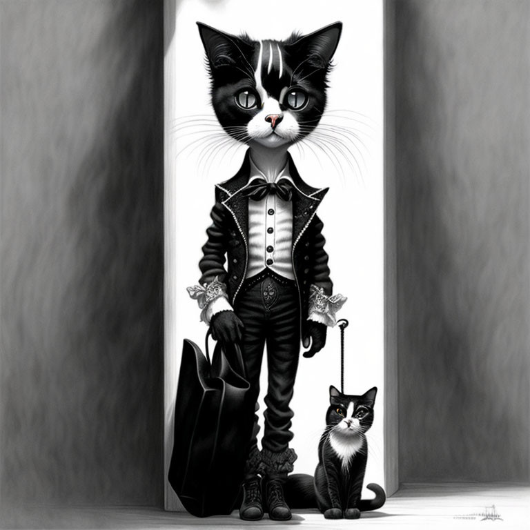 Anthropomorphic cats in black and white attire with walking stick.