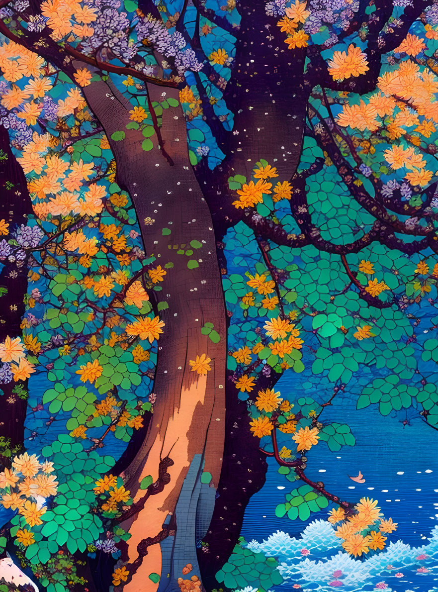 Colorful Tree Illustration with Orange and Yellow Flowers on Blue Background