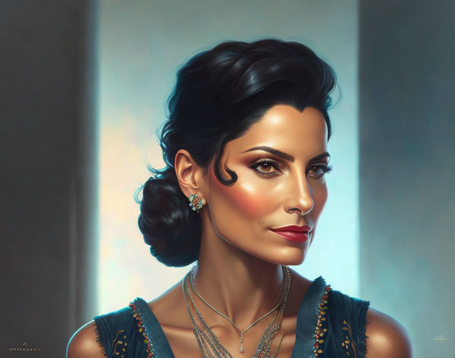 Vintage-inspired portrait of a woman with ornate earrings and elegant makeup.