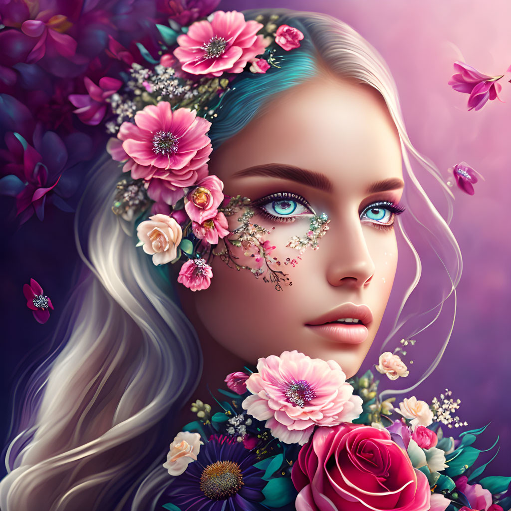 Vibrant digital portrait of woman with turquoise hair and floral makeup