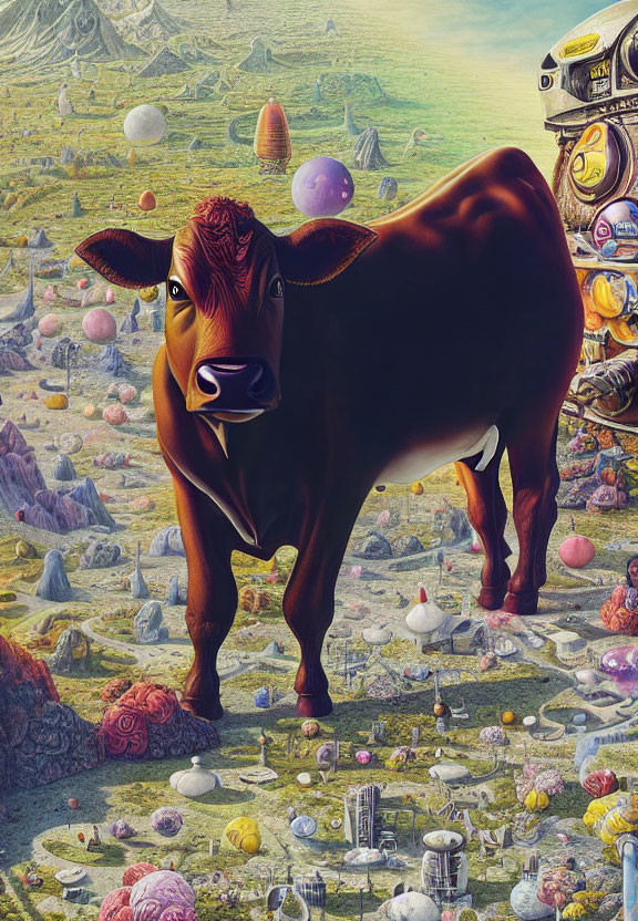 Surreal landscape featuring cow and bizarre objects